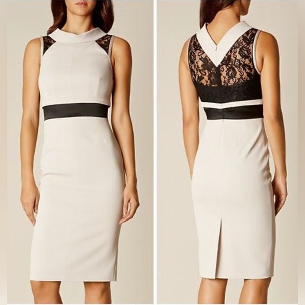 Karen Millen Sleeveless Beige Midi Dress with Black Lace Accents - Picture 3 of 4